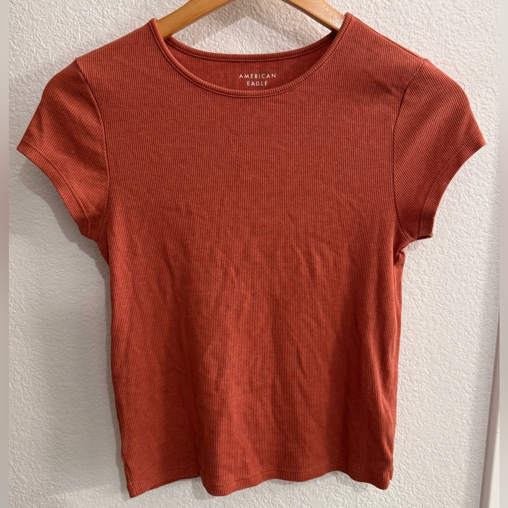American Eagle Women’s Short Sleeve Ribbed Top, Size Medium Rust Orange Cropped